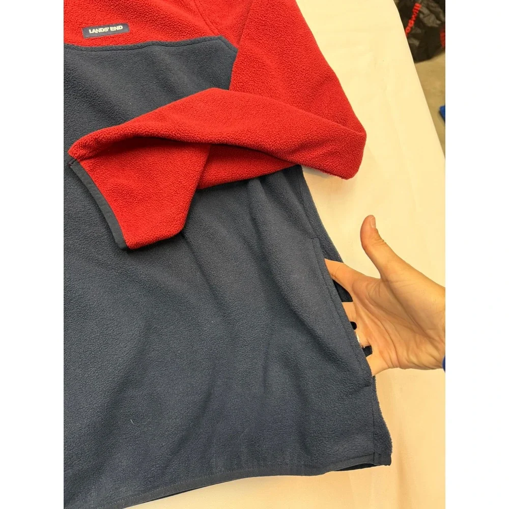 LANDS END Mens XXL 50-52 Red Navy Fleece Colorblock Long Sleeve 1/4 Snap Shirt - Picture 2 of 6